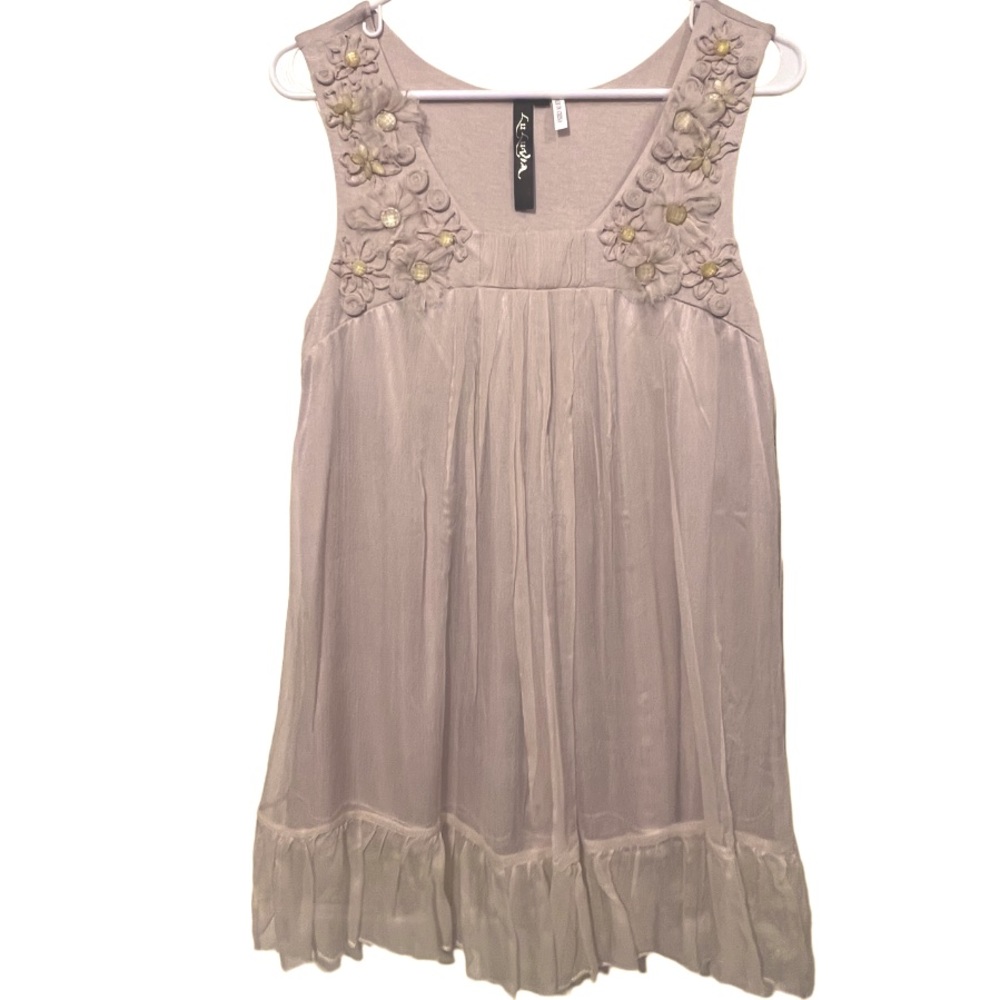 LuLuVia Silk Chiffon Tank Tunic Feminine Bohemian Embellished Flower Large